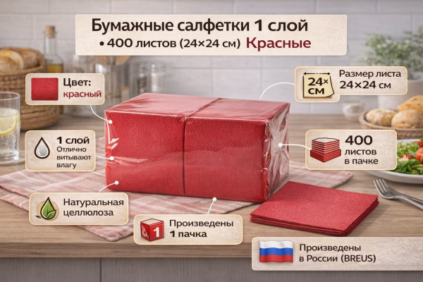 Салфетки бумажные 1сл 400л (24х24см) Красный  – СМП-Склад, 2