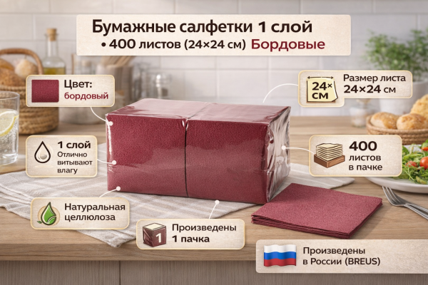 Салфетки бумажные 1сл 400л (24х24см) Бордовый  – СМП-Склад, 2