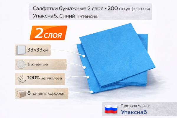 Салфетки бумажные 2сл 200л (33х33см) Упакснаб Синий  – СМП-Склад, 2
