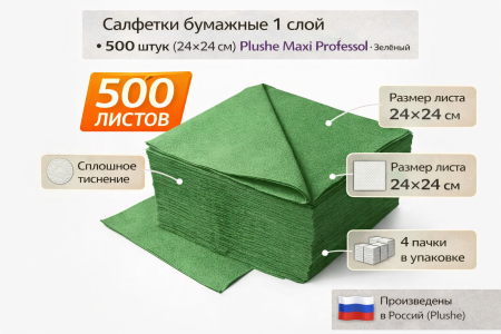 Салфетки бумажные 1сл 500л (24х24см) Plushe Maxi Professional, Зелёный  – СМП-Склад, 2