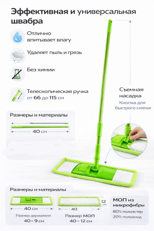 Швабра с насадкой из микрофибры ворсовая моп Шенил 40х9см с ручкой-телескоп цветная – СМП-Склад, 2