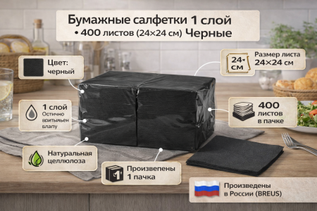 Салфетки бумажные 1сл 400л (24х24см) Черный  – СМП-Склад, 2