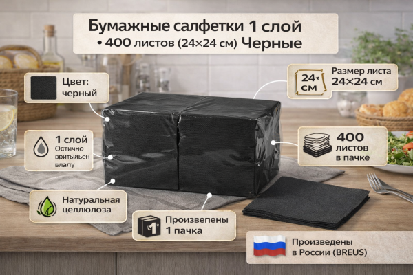 Салфетки бумажные 1сл 400л (24х24см) Черный  – СМП-Склад, 2