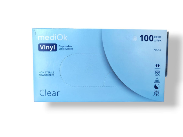 Перчатки виниловые MediOK размер М прозрачные неопудренные 100шт Перчатки виниловые MediOK размер М прозрачные неопудренные 100шт