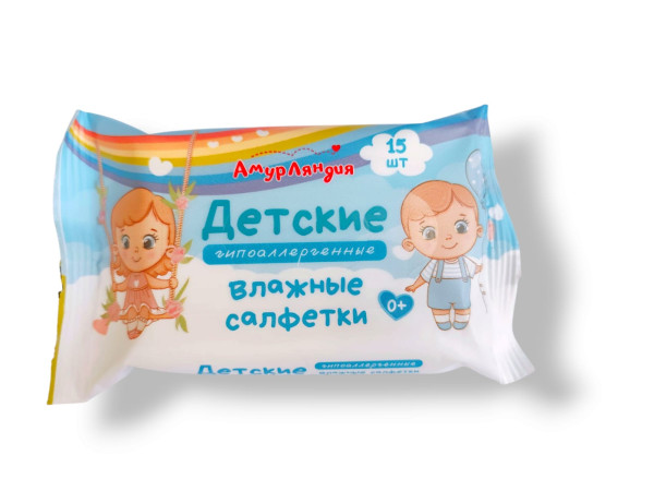 Салфетки влажные Детские АмурЛяндия Гипоаллергенные, 15шт Салфетки влажные Детские АмурЛяндия Гипоаллергенные, 15шт
