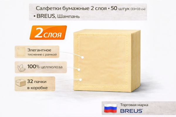 Салфетки бумажные BREUS 2сл 50л (33х33см) Шампань – СМП-Склад, 2