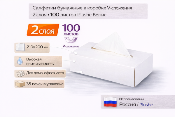 Салфетки бумажные в коробке V-сложения 2сл 100л Plushe Белые  – СМП-Склад, 2