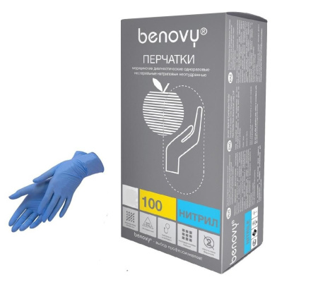 Перчатки нитриловые голубые Benovy М неопудренные 100шт