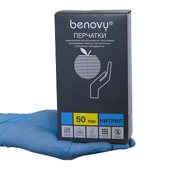 Перчатки нитриловые голубые Benovy М 100шт  – СМП-Склад