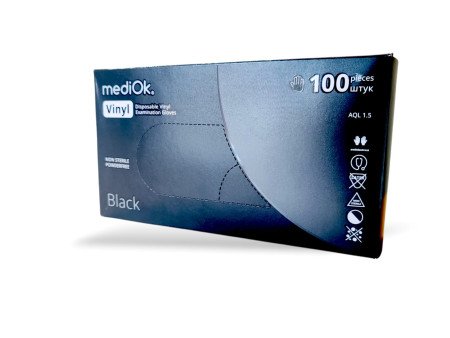 Перчатки виниловые MediOK размер S черные неопудренные 100шт Перчатки виниловые MediOK размер S черные неопудренные 100шт