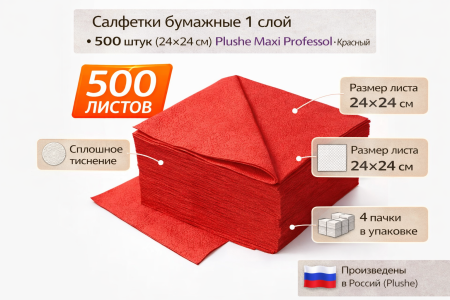 Салфетки бумажные 1сл 500л (24х24см) Plushe Maxi Professional, Красный  – СМП-Склад, 2