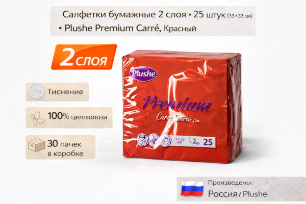 Салфетки бумажные 2сл 25л (33х33см) Plushe Premium Сarre, Красный – СМП-Склад, 2