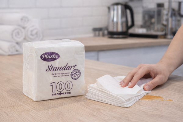 Салфетки бумажные 1cл 100л (24х24см) Plushe Standart, белый  – СМП-Склад, 2