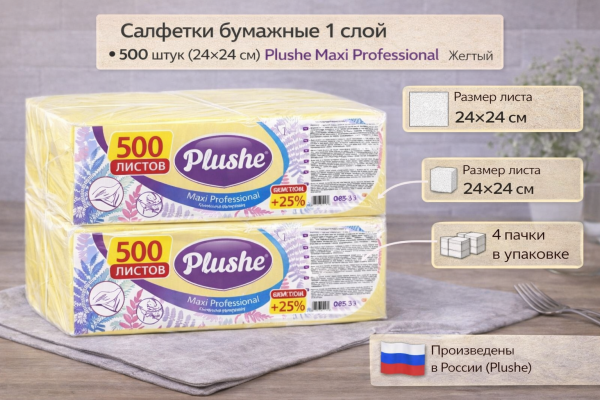 Салфетки бумажные 1сл 500л (24х24см) Plushe Maxi Professional, Желтый – СМП-Склад, 2