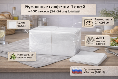 Салфетки бумажные 1сл 400л (24х24см) Белый  – СМП-Склад, 2